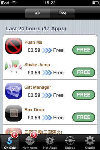 AppSniper - On Sale Screen Showing only Free apps.jpg