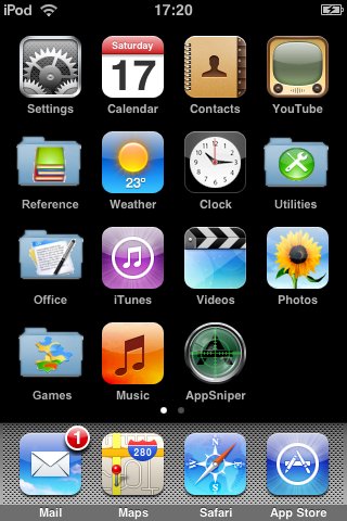 Mockup of iPhone app folders (modelled on the iPod Touch)